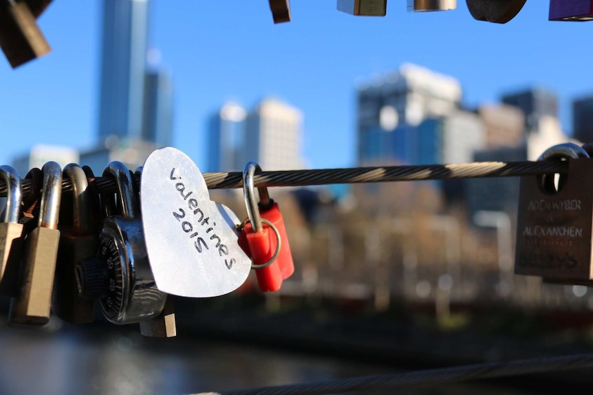 Love locks on Melbourne footbridge