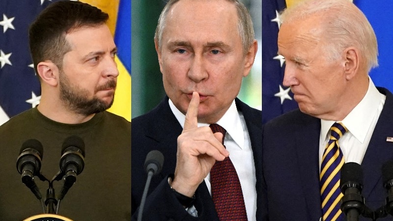 A composite image of Zelenskyy, Putin and Biden