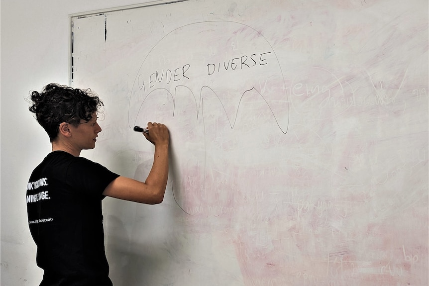 A person with short curly hair draws an umbrella on a whiteboard with the words GENDER DIVERSE. He is wearing a black tshirt.
