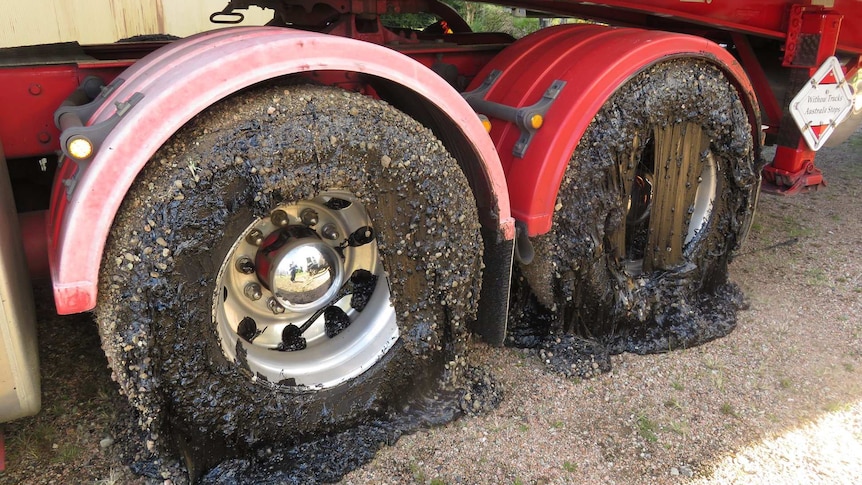 Melted bitumen around B-double in far north Queensland, June 2018