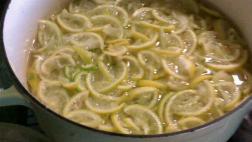 Sliced limes simmering in water on the stove.