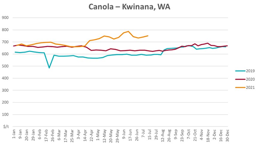A graph showing the Australian canola price over the last three years.