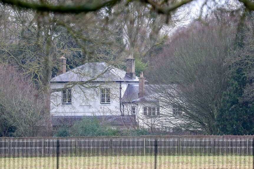White cottage with chimneys seen through trees