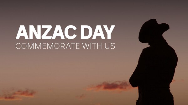 A graphic featuring a soldier with his head bowed, in shadow, and the words 'Anzac Day, commemorate with us'.