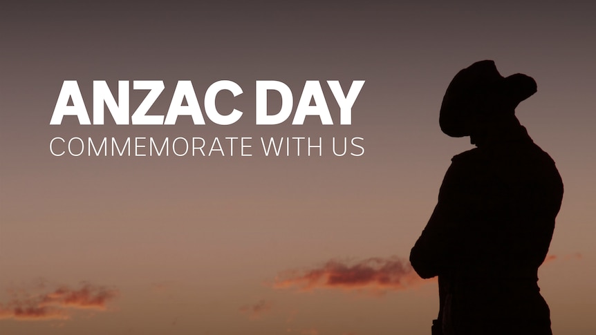 A graphic featuring a soldier with his head bowed, in shadow, and the words 'Anzac Day, commemorate with us'.