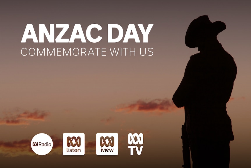 A graphic featuring a soldier with his head bowed, in shadow, and the words 'Anzac Day, commemorate with us'.