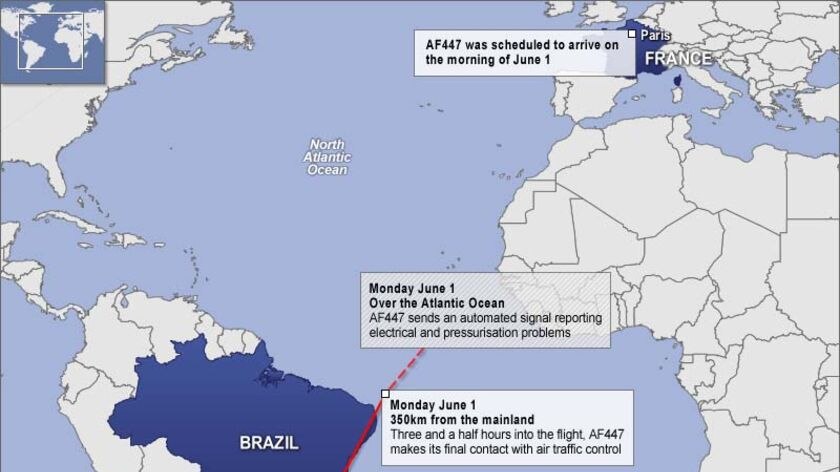 Map graphic showing flight path of Air France flight 447