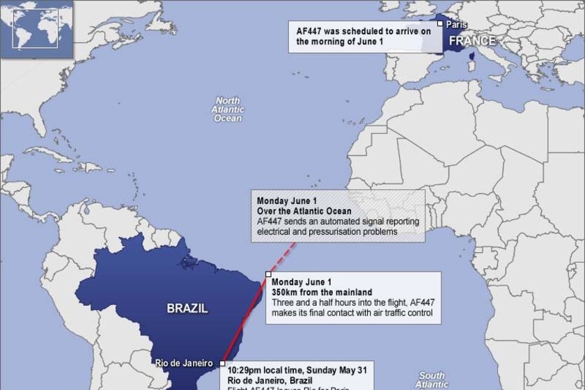 Map graphic showing flight path of Air France flight 447