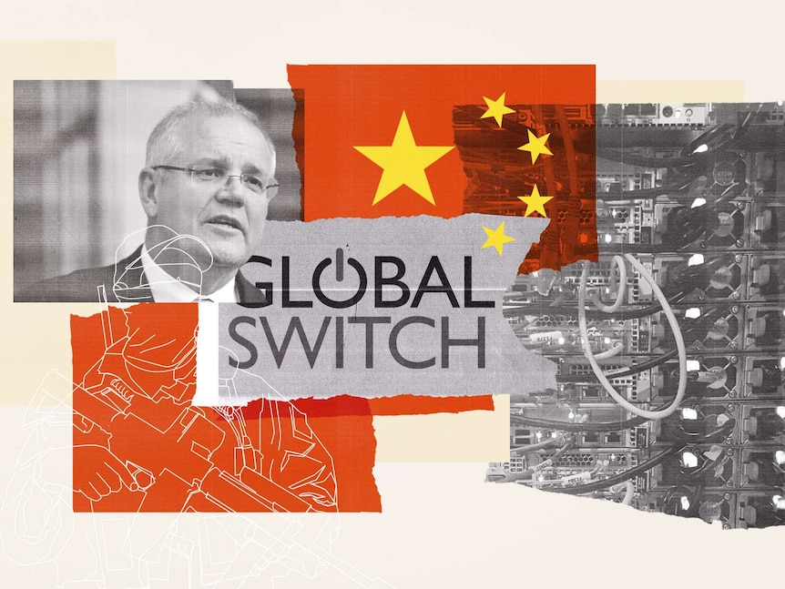 A collage of images including an older man with glasses, the Chinese flag, global switch logo and a soldier outline