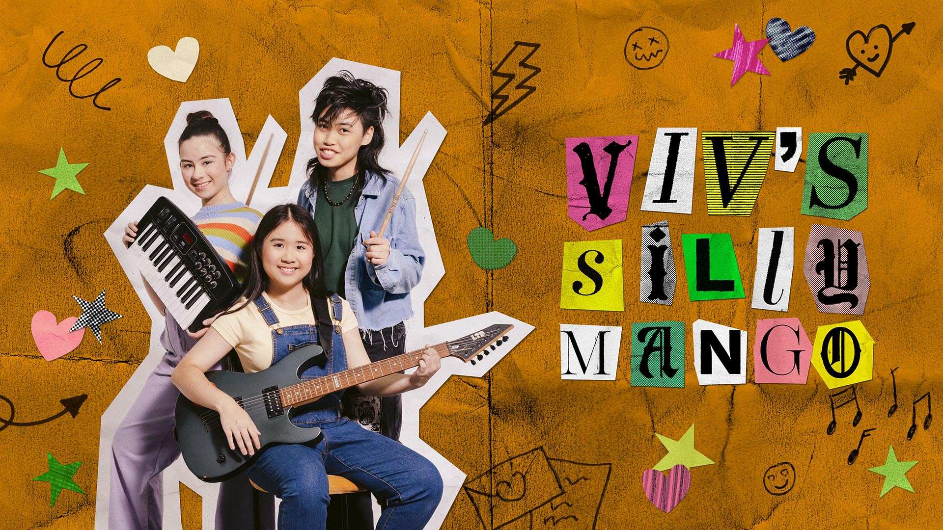 Three young teens with instruments and the program title Viv's Silly Mango