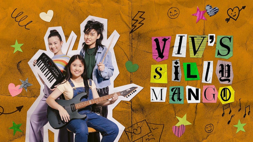 Three young teens with instruments and the program title Viv's Silly Mango