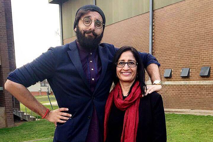 Writer and poet Zohab Zee Khan stands next to his mother who is based in regional NSW, he's living overseas during coronavirus.