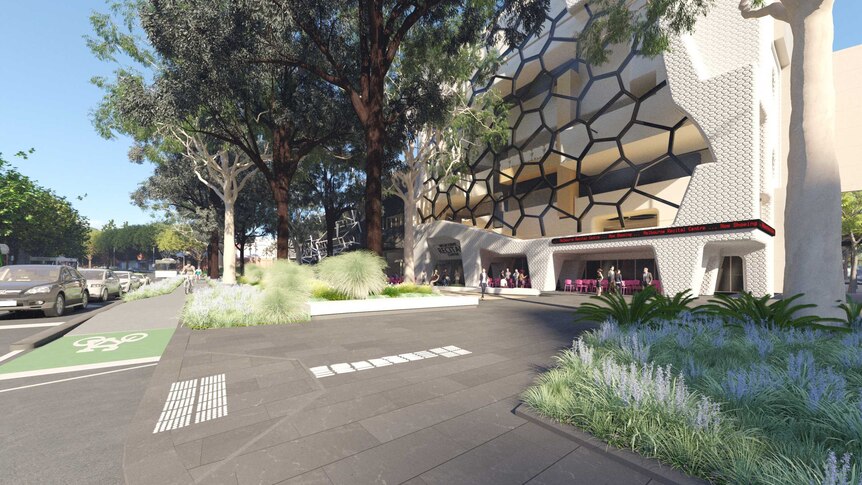 An artist's impression of planned bike lanes, greenery and the Melbourne Recital Centre.