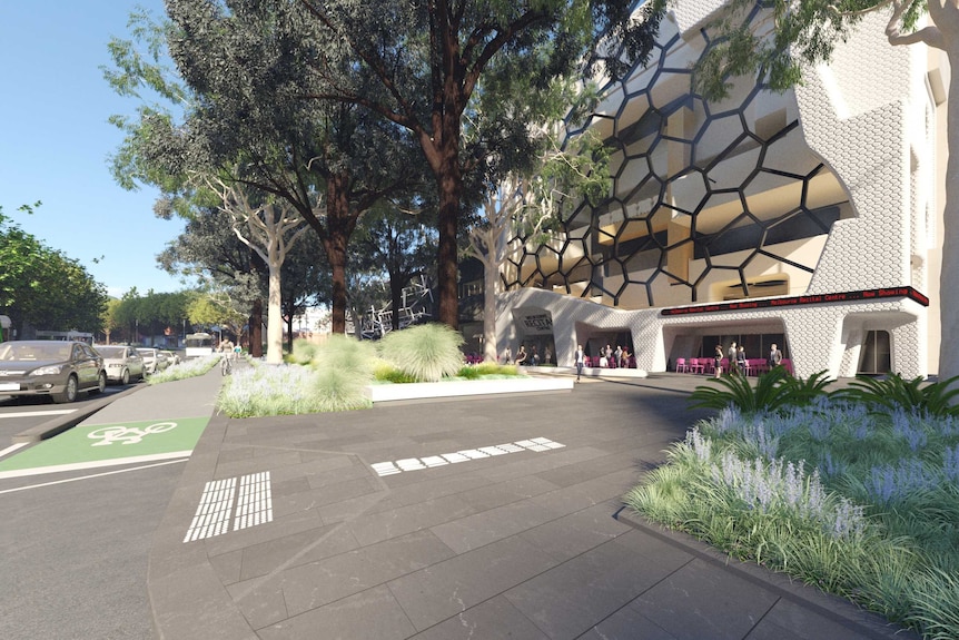An artist's impression of planned bike lanes, greenery and the Melbourne Recital Centre.