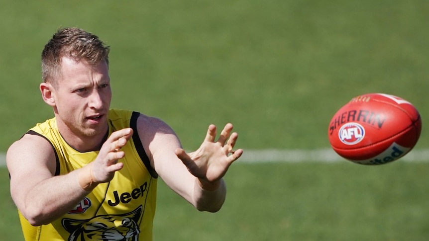 A footy player marks the ball during a training session on a sunny day.