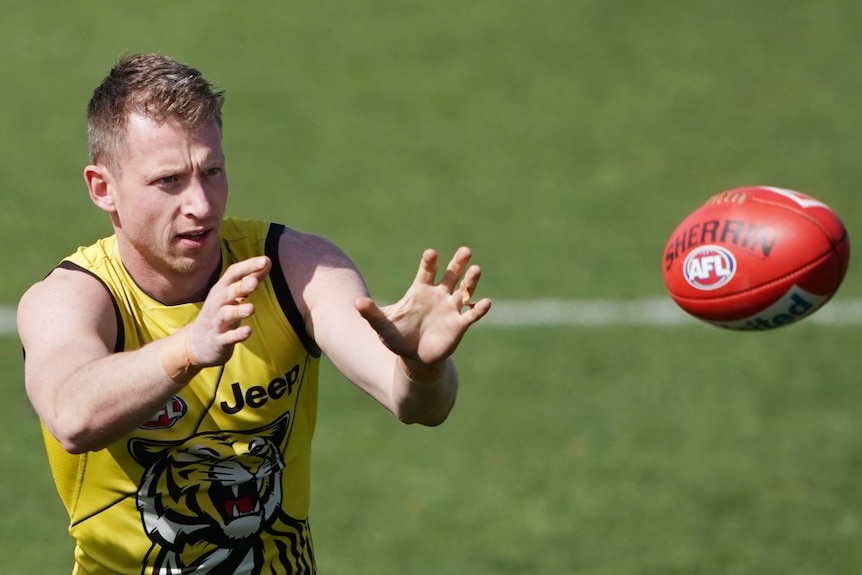 A footy player marks the ball during a training session on a sunny day.