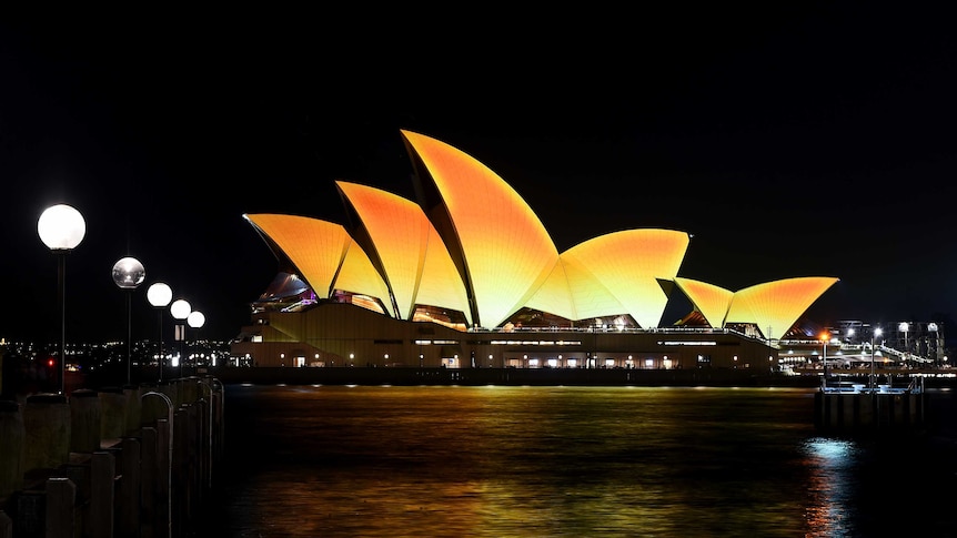 The Sydney Opera House is illuminated gold to celebrate Diwali.