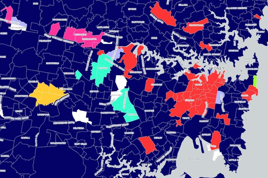 A map of Sydney shows suburbs by the most common religion in each. The inner city is home to the most people with 'no religion'.