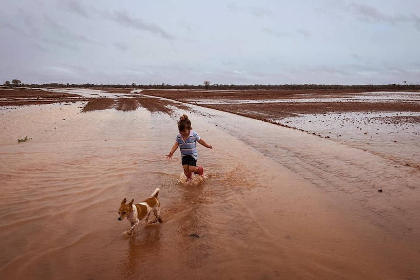 A little girl chasing her dog through puddles after rain on an outback station