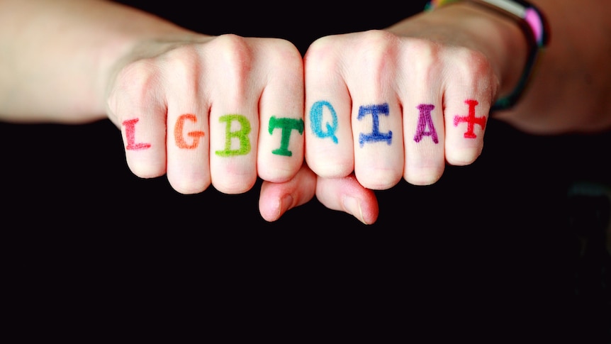LGBTQIA+ written in rainbow colours on two fists