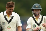 Australia's Shane Watson and Chris Rogers leave the field during the tour match at Worcester.
