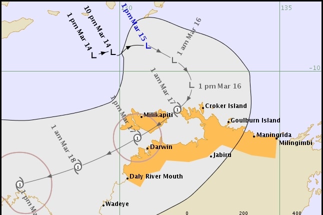 A map showing the predicted path of a developing tropical cyclone.