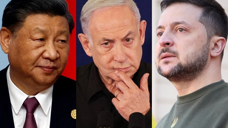 a composite image of Xi Jinping, Benjamin Netanyahu and  Volodymyr Zelenskyy