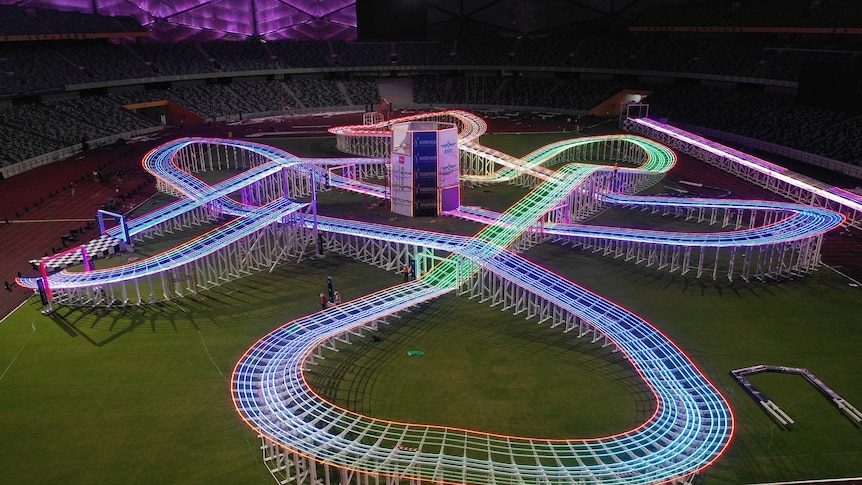 The drone racing track illuminated by colourful LED lights