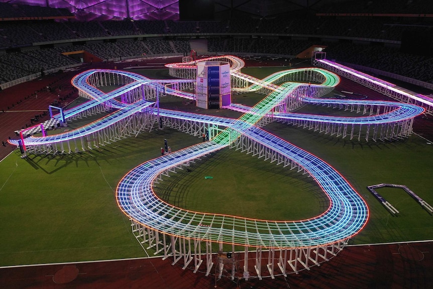 The drone racing track illuminated by colourful LED lights