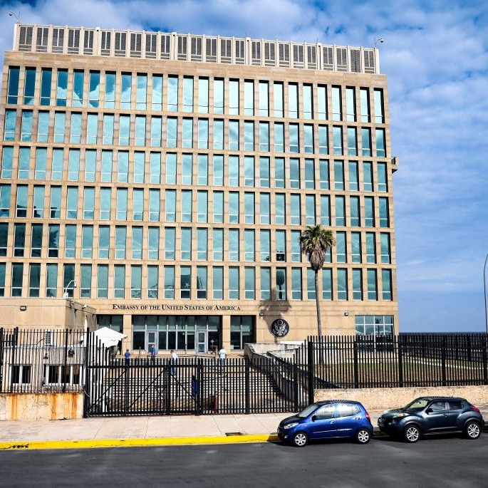The 7-storey embassy building in the fenced compound of the U.S. Embassy in Havana, Cuba.