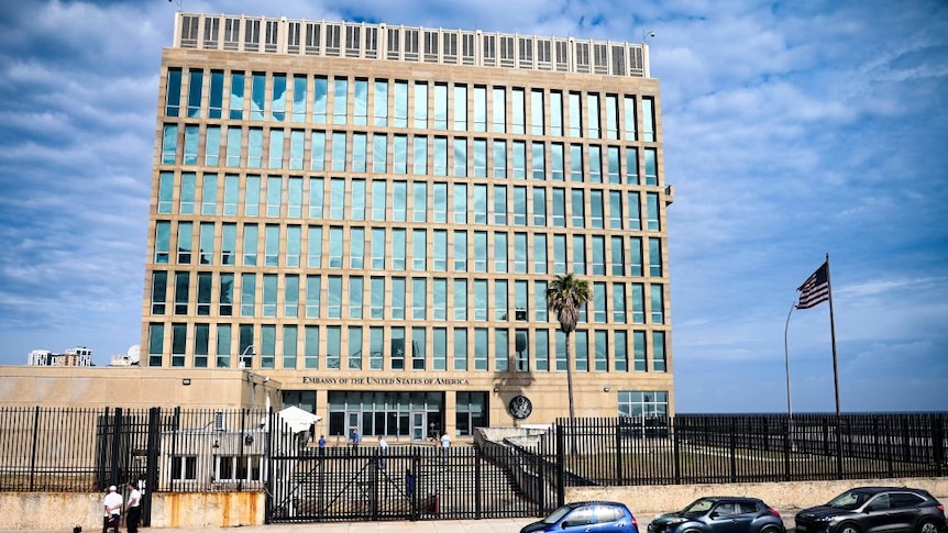 The 7-storey embassy building in the fenced compound of the U.S. Embassy in Havana, Cuba.