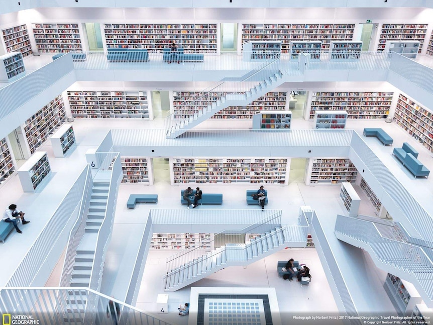 Natural light fills the modern interior of the city library in Stuttgart.