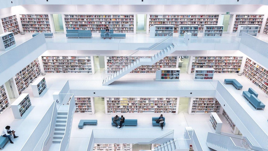 Natural light fills the modern interior of the city library in Stuttgart.