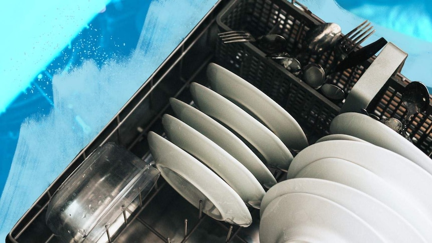 Dishwasher stacked with dishes after being rinsed first