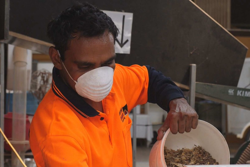 A man tipping a bucket of seeds into a machine.