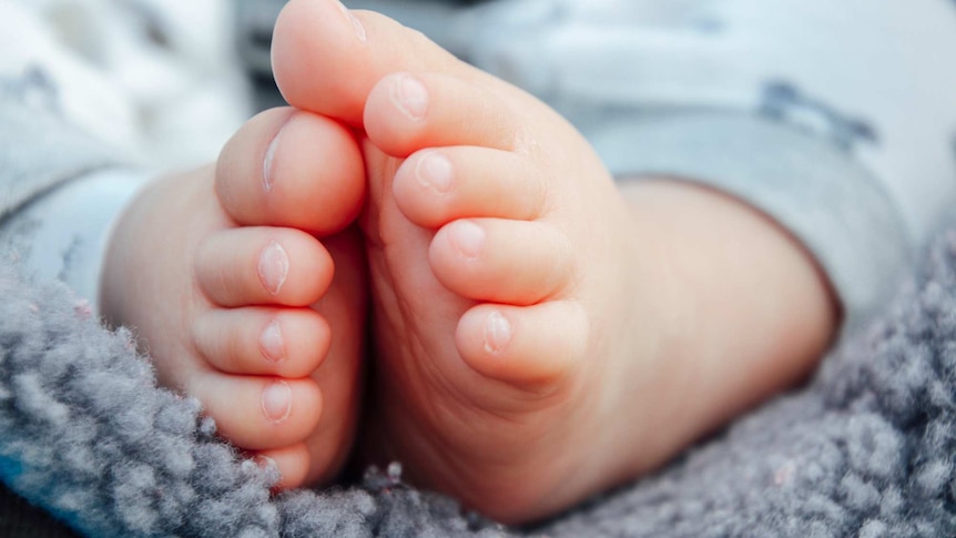 The clasped feet of a ten-month-old baby boy on a blue rug.