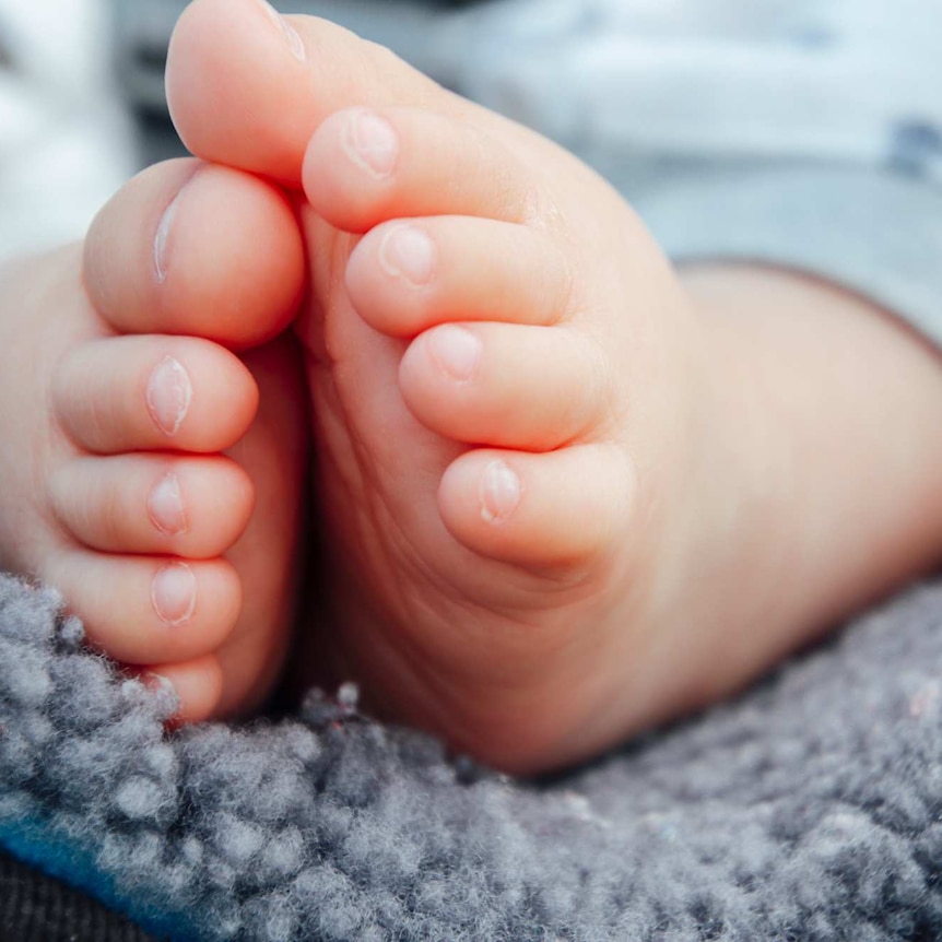 The clasped feet of a ten-month-old baby boy on a blue rug.