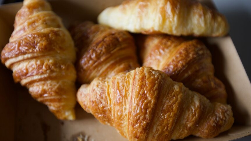 A cardboard box containing five croissants.
