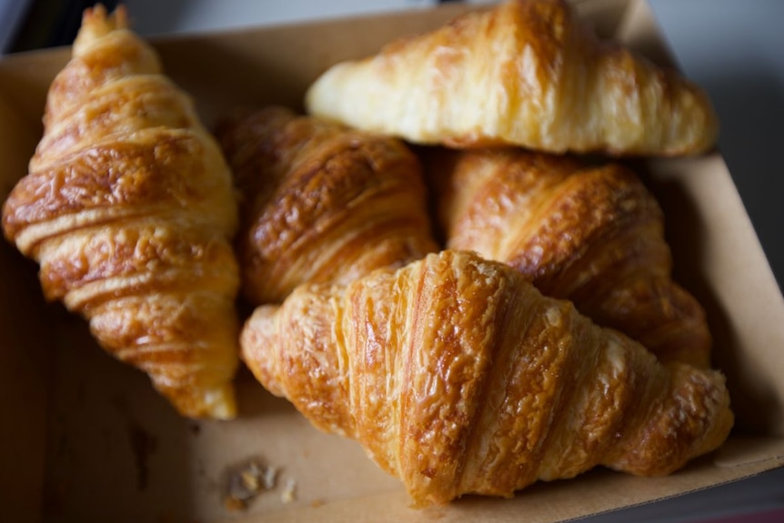 A cardboard box containing five croissants.