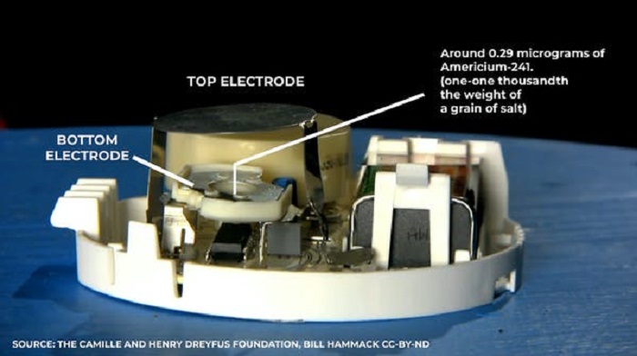 A smoke detector open showing electrodes and internal workings