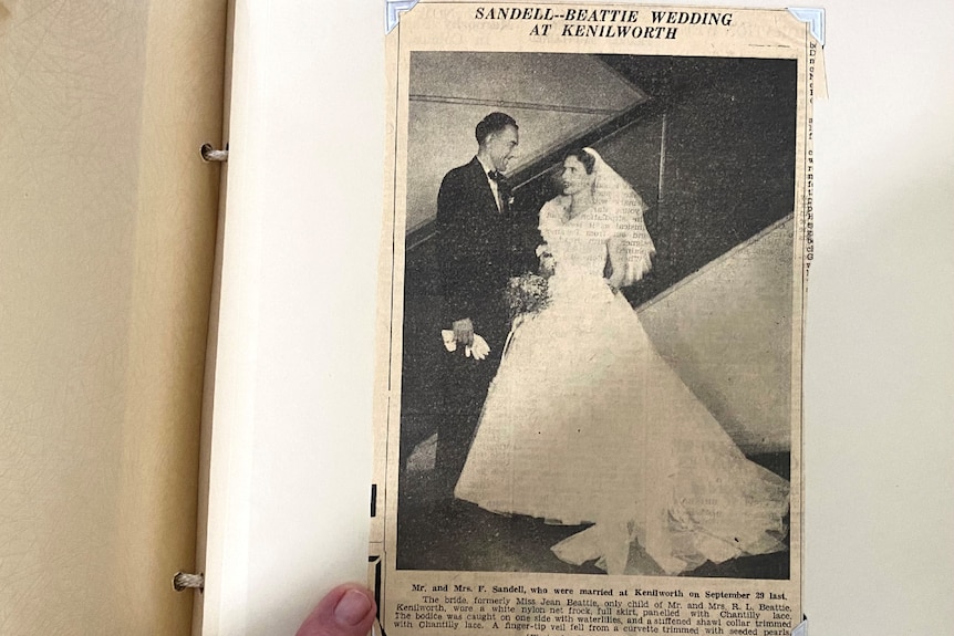 Newspaper clipping of a wedding photo