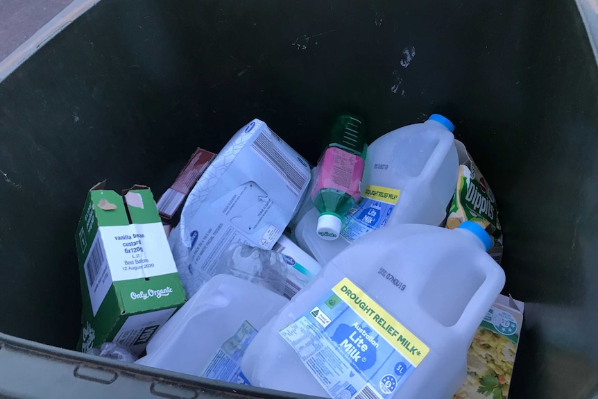 Inside a recycling bin, which has clean plastic and paper sitting neatly inside it.