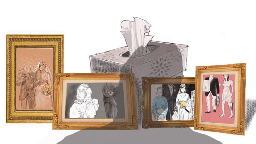 An illustration shows a man's shadow upon a selection of framed photographs of a married couple, and a box of tissues.