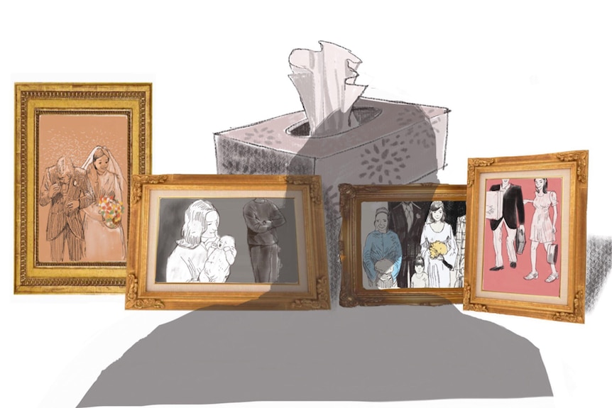 An illustration shows a man's shadow upon a selection of framed photographs of a married couple, and a box of tissues.
