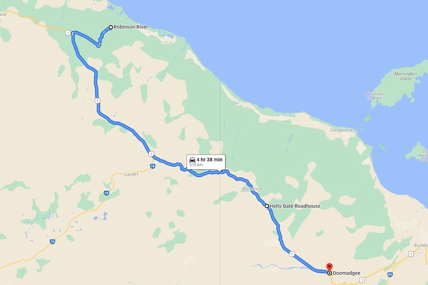 map showing trip from Robinson River to Doomadgee