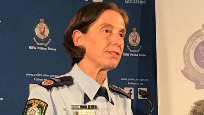 NSW Deputy Commissioner Catherine Burn standing in front of a lectern speaking to media about stabbing death.