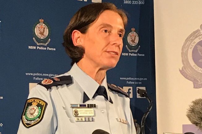 NSW Deputy Commissioner Catherine Burn standing in front of a lectern speaking to media about stabbing death.