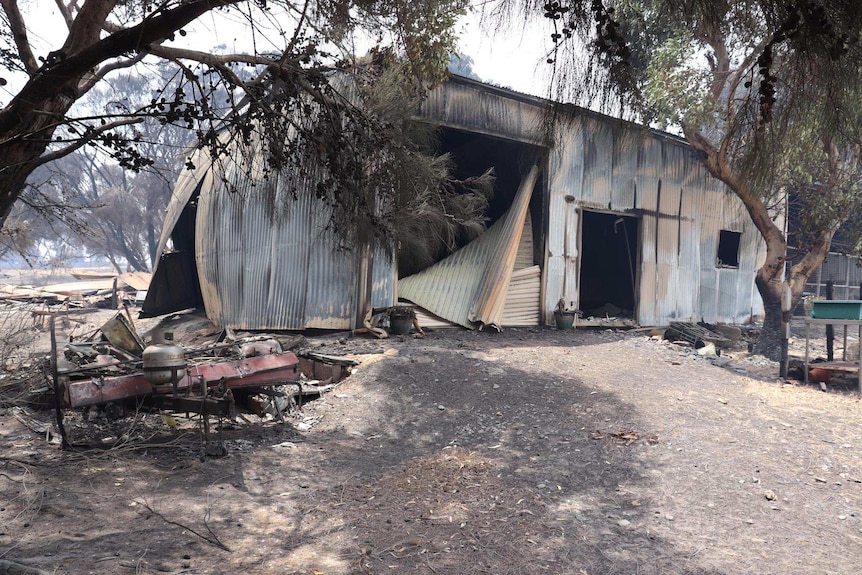 A shed and trailer destroyed by the fire on Kangaroo Island.