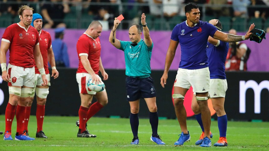Sebastien Vahaamahina is given a red card during France's Rugby World Cup match with Wales