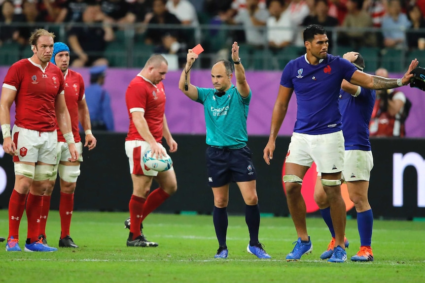 Sebastien Vahaamahina is given a red card during France's Rugby World Cup match with Wales